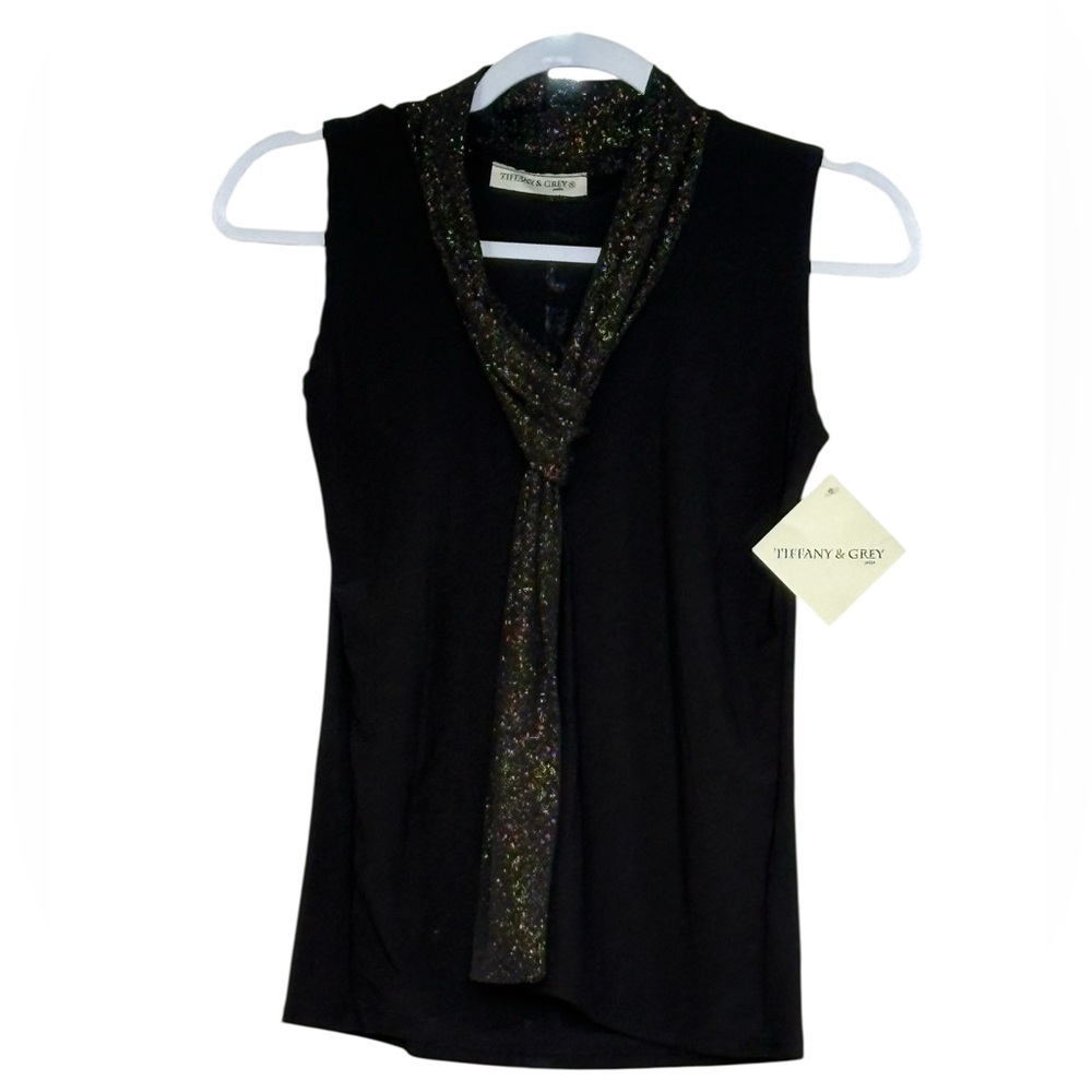 New TIFFANY & GREY Black Sleeveless Top with Scarf Shirt Size S